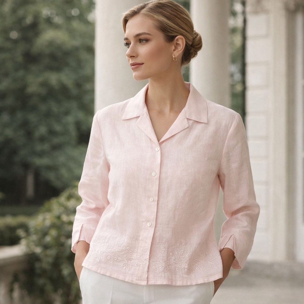 Ecologie 100% Linen Pink Embroidered Button Front Blouse Size L Lightweight